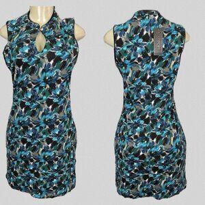 MaxSport M Teal-Blue Floral Keyhole Button Neckline Sleeveless Mini Sports Dress
